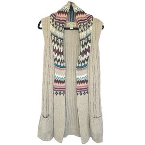 Love Change Tan Cable Knit Fair Isle Trim Open Front Long Cardigan Vest Sweater